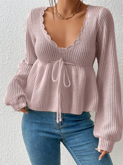 JuliaFashion - Elegant Spring Fall Knitted Solid Long Sleeve Waist Drawstring Knitwear V-neck Low Cut Pullovers Sweater