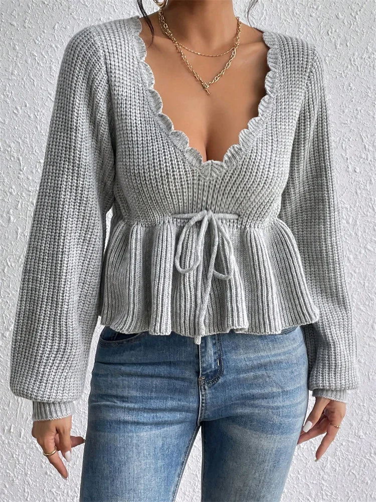 JuliaFashion - Elegant Spring Fall Knitted Solid Long Sleeve Waist Drawstring Knitwear V-neck Low Cut Pullovers Sweater