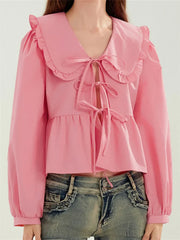 Ruffled Turn-Down Neck Tie-Up Blouse pink / S blouse-250223