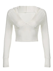 Hooded Ribbed Long Sleeve Deep V Neck Solid Color Slim Fit T-Shirts