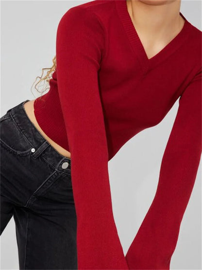 JuliaFashion - Fashion Knitted Pullovers Solid Color Slim Fit Long Sleeve V Neck Cropped Basic Sweater