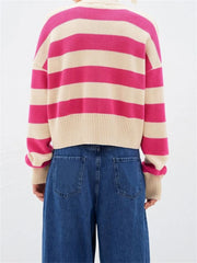 JuliaFashion - Fashion Knitted V-neck Cardigan Contrast Color Striped Long Sleeve Buttons Up Fall Casual Cropped Coat Sweater