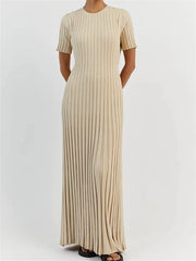 Fashion Women Solid Color Round Neck Short Sleeve Summer Tie-Up Party Ribbed Knitted Female