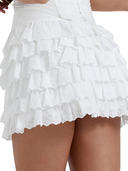 Fashion Mini Lace Layered Ruffles Elastic High Waist Short Summer Party Casual Streetwear Skirts