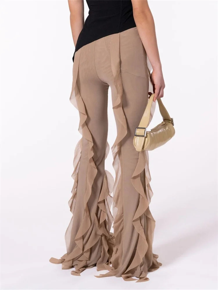 JuliaFashion - Low Waist Ruffled Solid Color Stretch Bell-Bottom Pant