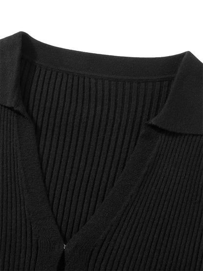 JuliaFashion - Fashion V-Neck Knitted Solid Color Ribbed Long Flare Sleeve Slim Buttons Up Cardigan  Sweater