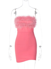 Feather Patchwork Tube Summer Party Clubwear Sexy Mini Dress