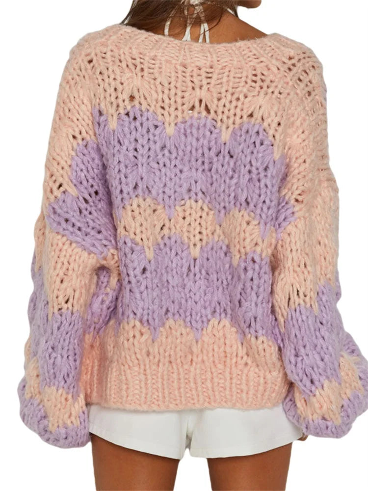 JuliaFashion - Female Contrast Color/Solid Long Sleeve Loose Knitted Cardigan Fall Winter Warm Sweater