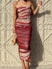 Irregular Tie Dyeing Print Tube For Women Summer Beach Party Clubwear Strapless Off Shoulder Ruched