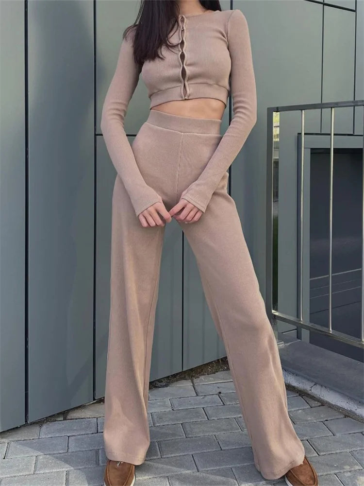 JuliaFashion - Long Sleeve Button Up T-shirts Crop Tops Wide Leg Pants Suits