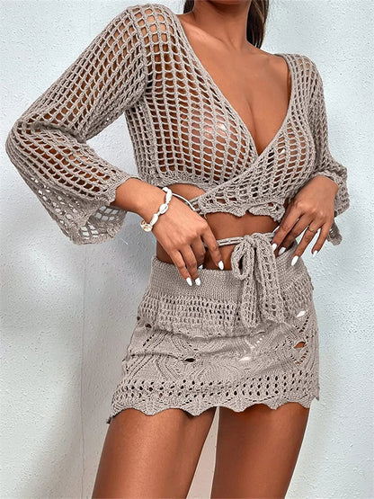 JuliaFashion - Long Sleeve Hollow Out Lace-up Shirts Short Mini Skirts Suits