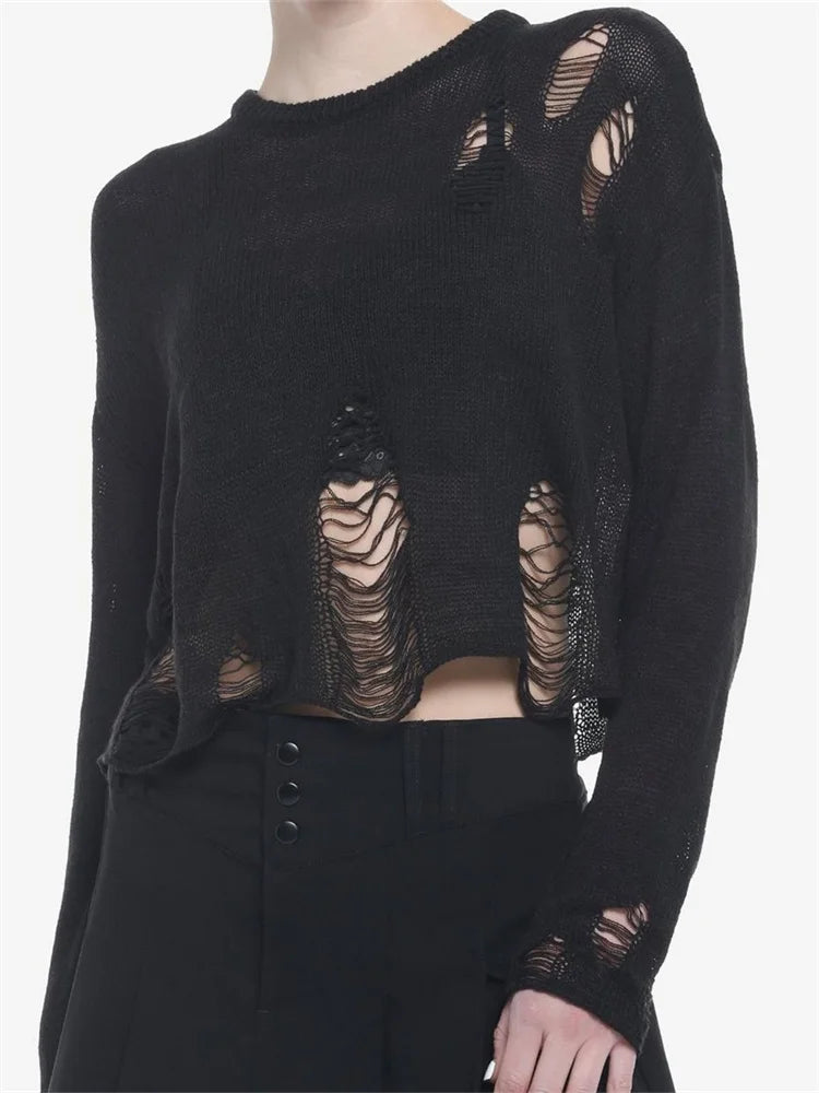 JuliaFashion - Knitted Hollow Out Spring Fall Destroyed Holes Black Loose Casual Pullovers Sweater