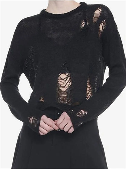 JuliaFashion - Knitted Hollow Out Spring Fall Destroyed Holes Black Loose Casual Pullovers Sweater