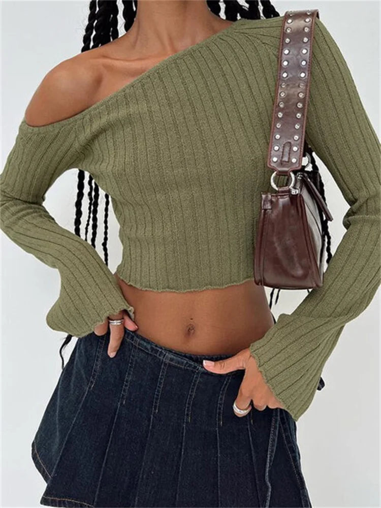 JuliaFashion - Irregular Neck Off Shoulder Sexy Long Sleeve Ribbed Solid Slim Pullovers Knitted Sweater