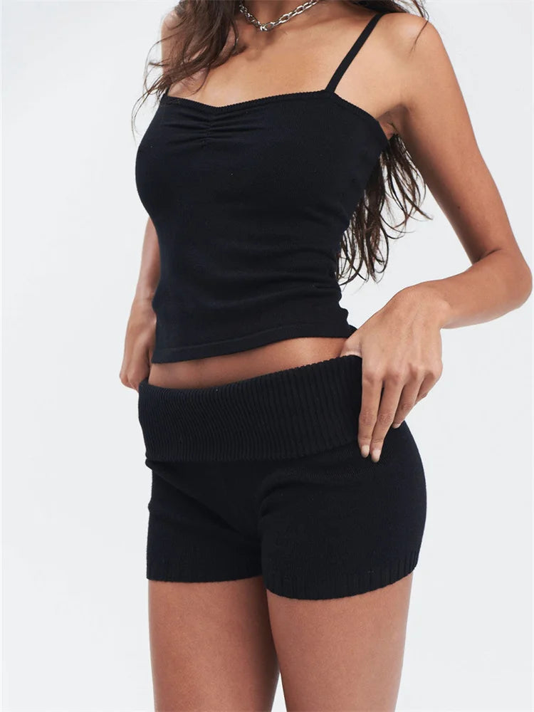 JuliaFashion - Knitted Ribbed Sleeveless Ruched Strap Camis Tops Low Waist Shorts Suits