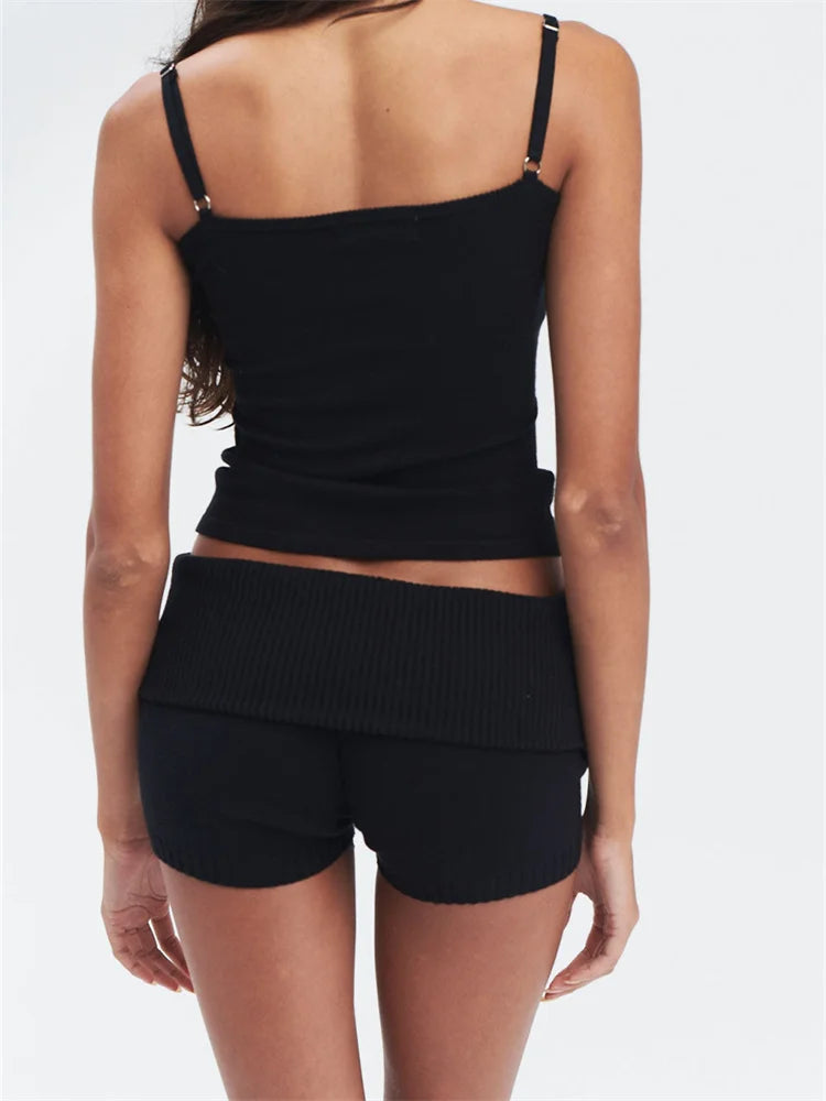 JuliaFashion - Knitted Ribbed Sleeveless Ruched Strap Camis Tops Low Waist Shorts Suits