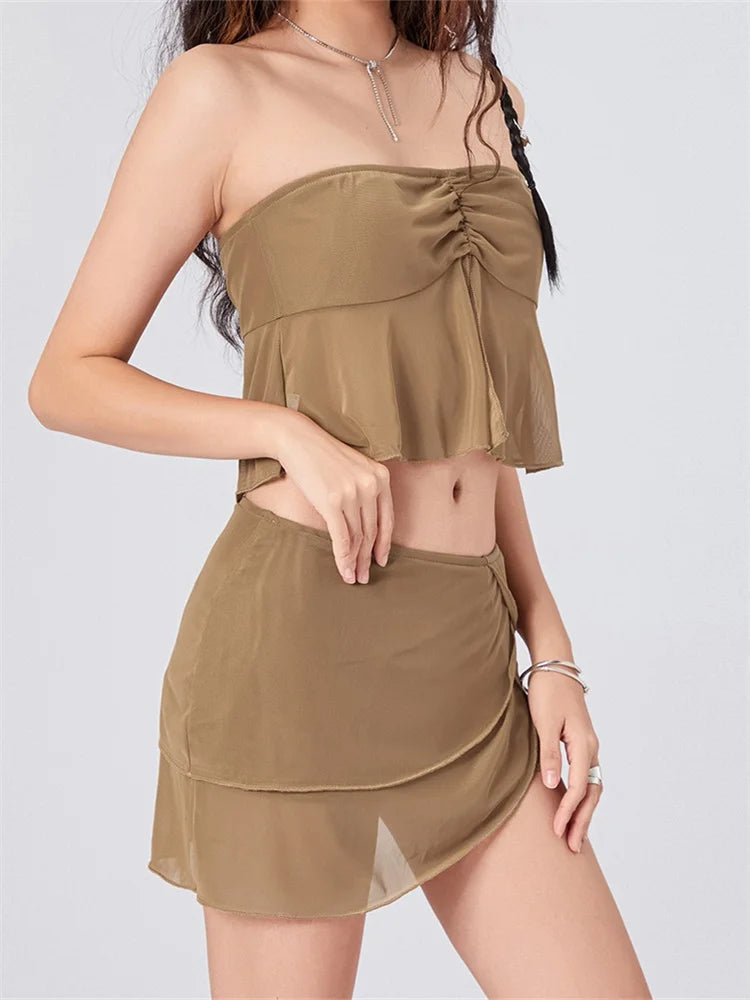 JuliaFashion - Mesh See Through Ruched Strapless Tops Low Waist Irregular Skirts Suits