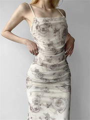 Retro Floral Print For Women Sleeveless Strap V-Neck Ruched Split Summer Party Female Vestidos