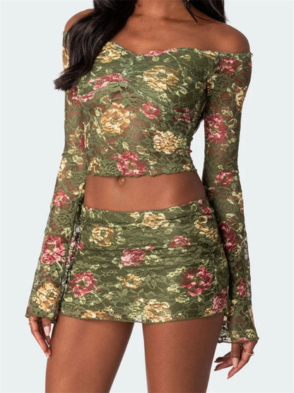 JuliaFashion - Retro Floral Ruched Off Shoulder Lace T-shirts Mini Skirts Suits