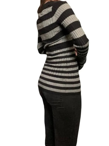 JuliaFashion - Retro Long Sleeve Striped Knitted Pullovers Basic Casual Fall Aesthetic Female V-neck Sweater