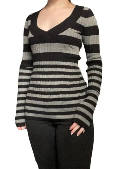 JuliaFashion - Retro Long Sleeve Striped Knitted Pullovers Basic Casual Fall Aesthetic Female V-neck Sweater