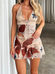 JuliaFashion - Retro Deep V-neck Floral Print Halter Tank Tops Mini Skirts Suits