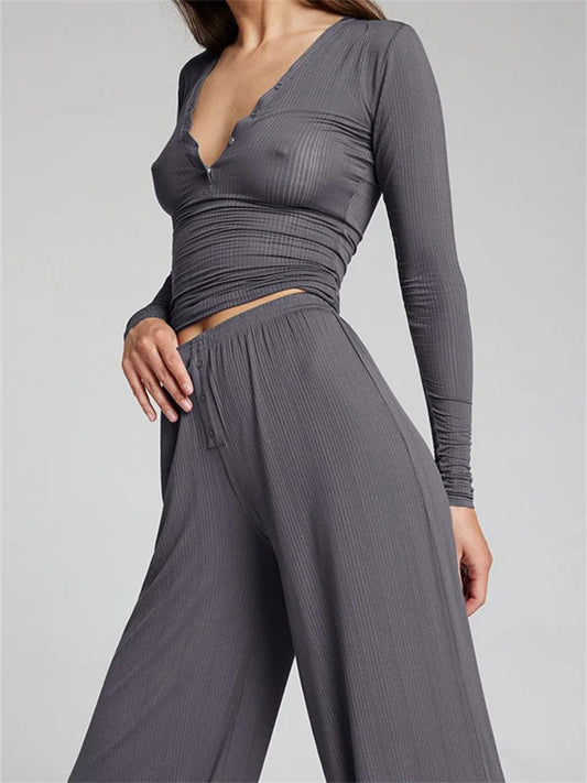 JuliaFashion - Ribbed Long Sleeve V-neck Buttons Up Tops High Waist Wide Leg Pants Suits