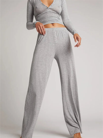 JuliaFashion - Ribbed Long Sleeve V-neck Buttons Up Tops High Waist Wide Leg Pants Suits