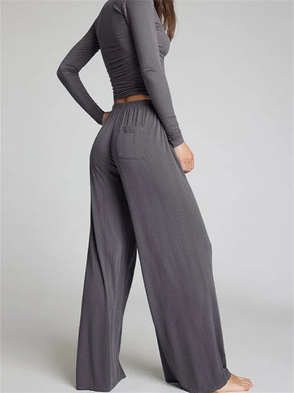 JuliaFashion - Ribbed Long Sleeve V-neck Buttons Up Tops High Waist Wide Leg Pants Suits