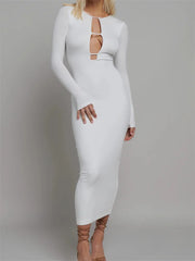 Round Neck Hollow Out Party Clubwear For Women Backless Sleeve Solid Color Slim Fit Vestidos White