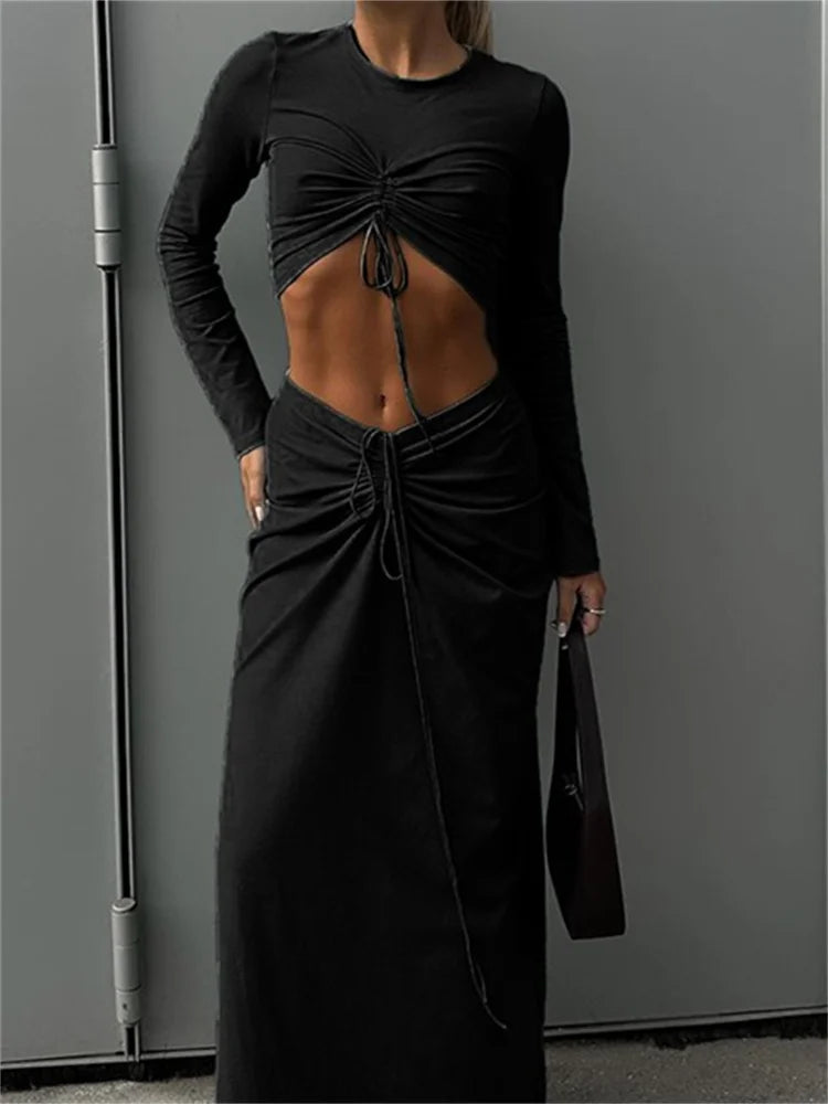 JuliaFashion - Long Sleeve Tie-up O-neck T-shirts Long Skirts Suits