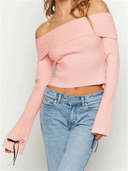 JuliaFashion - Ruched Ribbed Long Flare Sleeve Pullovers Bow Patchwork Slash Neck Off Shoulder Pullovers Fall Sweater