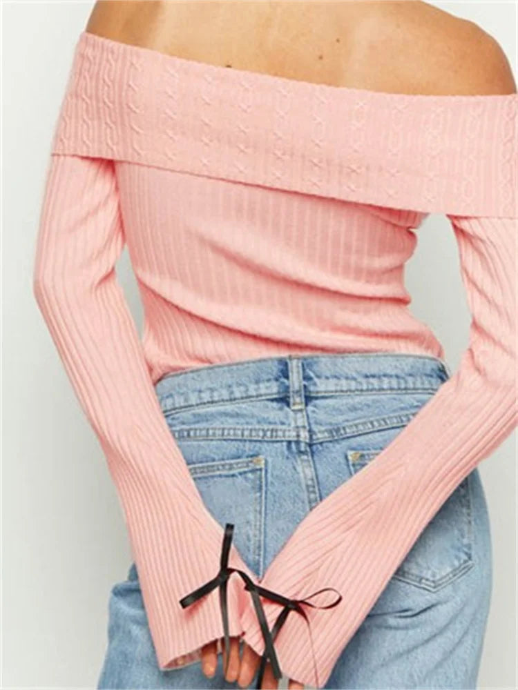 JuliaFashion - Ruched Ribbed Long Flare Sleeve Pullovers Bow Patchwork Slash Neck Off Shoulder Pullovers Fall Sweater