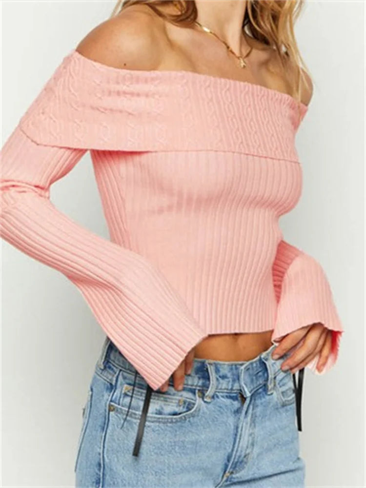 JuliaFashion - Ruched Ribbed Long Flare Sleeve Pullovers Bow Patchwork Slash Neck Off Shoulder Pullovers Fall Sweater