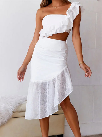 JuliaFashion - Sleeveless Strap Off Shoulder Tops High Waist Irregular Skirts Suits