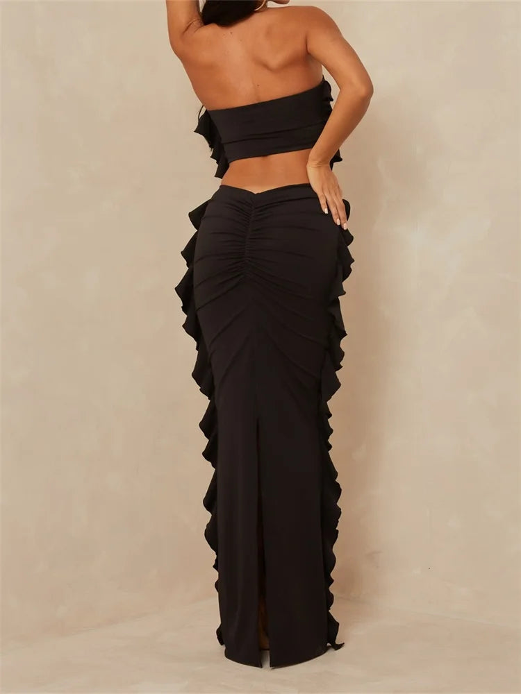 JuliaFashion - Ruffles Tassels Strapless Off Shoulder High Waist Skirts Suits