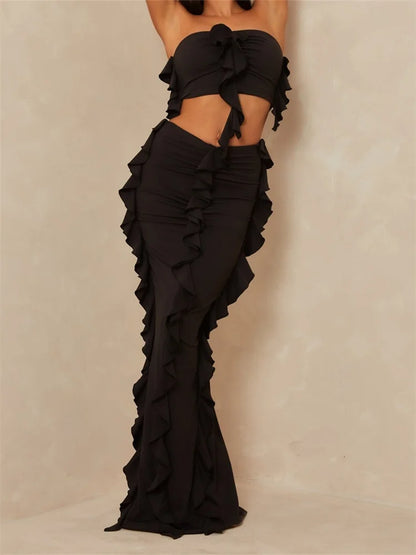 JuliaFashion - Ruffles Tassels Strapless Off Shoulder High Waist Skirts Suits