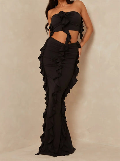 JuliaFashion - Ruffles Tassels Strapless Off Shoulder High Waist Skirts Suits