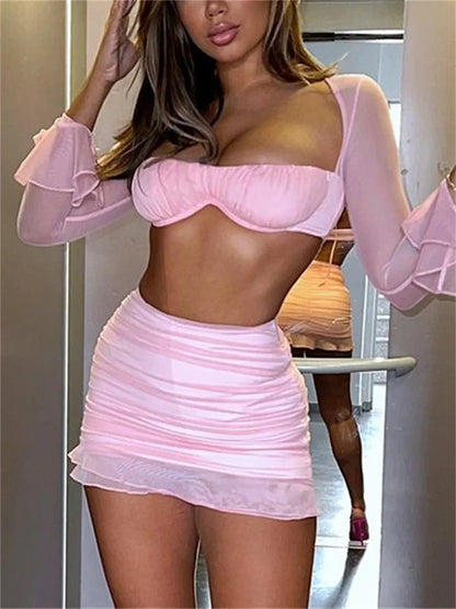 JuliaFashion - Sexy Mesh Skirts See Through Long Sleeve Shirts Ruffles Skirts Suits