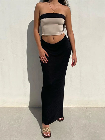 JuliaFashion - Sexy Strapless Off Shoulder Tops High Waist Side Split Skirts Suits