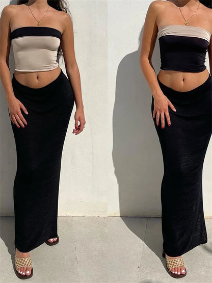 JuliaFashion - Sexy Strapless Off Shoulder Tops High Waist Side Split Skirts Suits