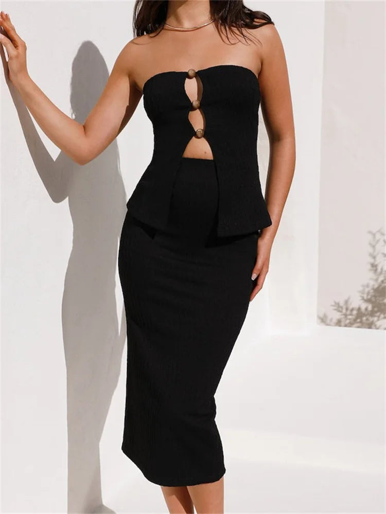 JuliaFashion - Sexy Strapless Backless Hollow Out Tube Tops Long Skirts Suits