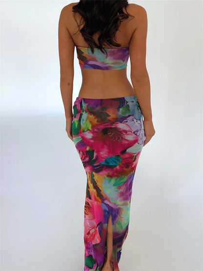 JuliaFashion - Sexy Summer Strapless Off Shoulder Print Tops Long Skirts Suits