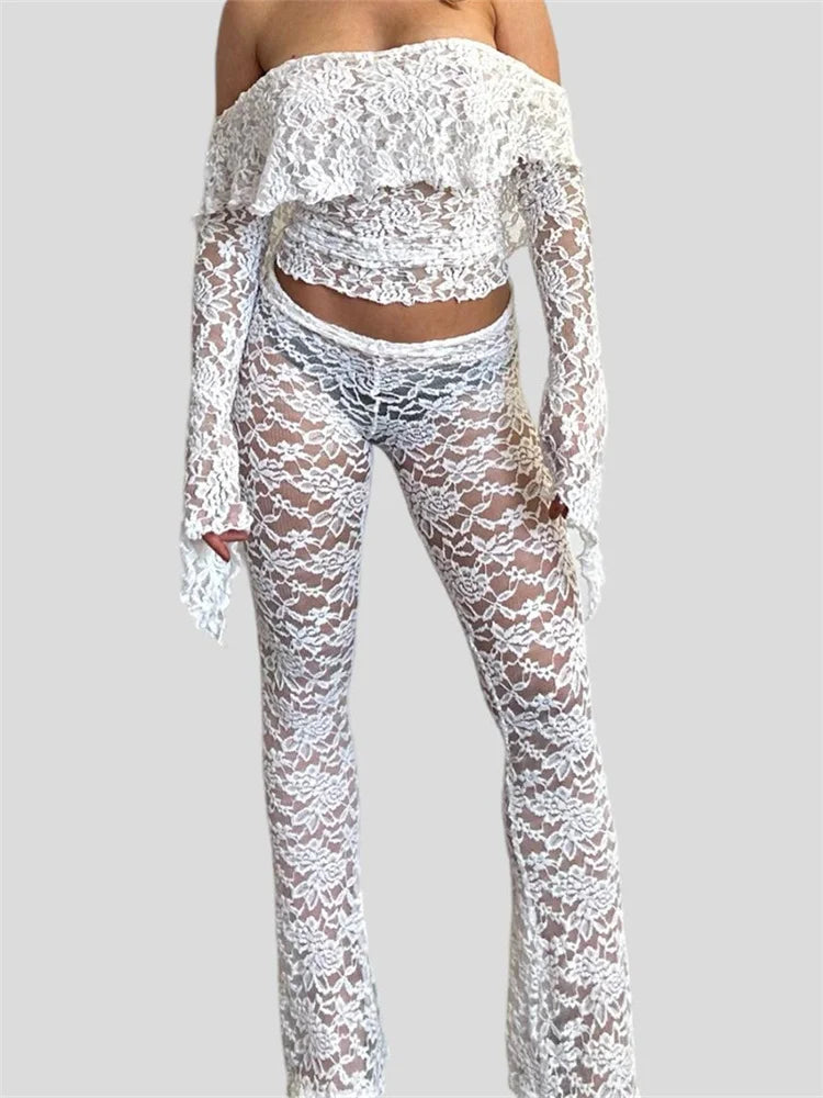 JuliaFashion - Long Sleeve Lace Slash Neck Off Shoulder Tees  Flared Pants Suits