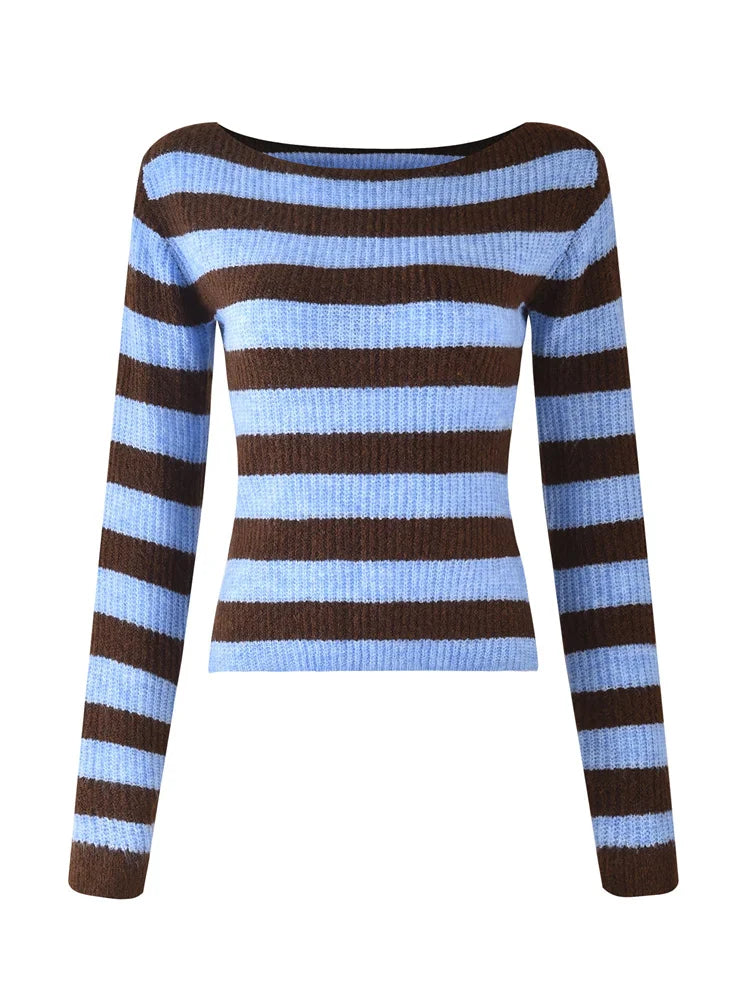 JuliaFashion - Sexy Off Shoulder Knitted Long Sleeve Crew Neck Striped Pullovers Autumn Winter Warm Sweater