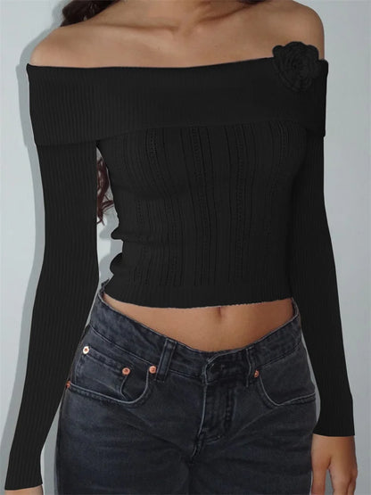 JuliaFashion - Sexy Knitted Pullovers Solid Off Shoulder Slash Neck Long Sleeve Cropped Ribbed Sweater