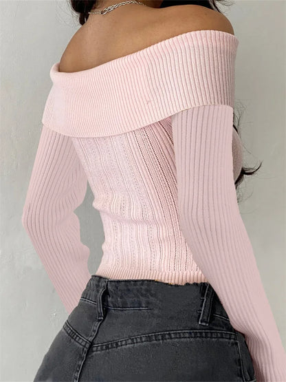 JuliaFashion - Sexy Knitted Pullovers Solid Off Shoulder Slash Neck Long Sleeve Cropped Ribbed Sweater