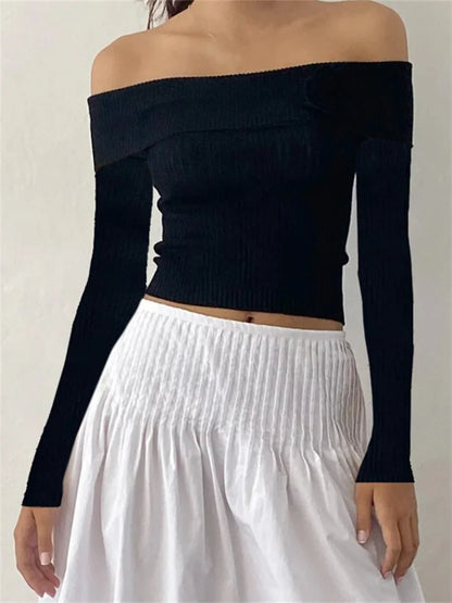 JuliaFashion - Sexy Knitted Pullovers Solid Off Shoulder Slash Neck Long Sleeve Cropped Ribbed Sweater