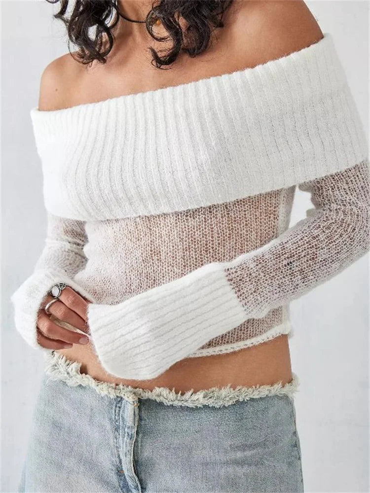 JuliaFashion - Sexy Knitted See Through Off Shoulder Solid Long Sleeve Cropped Pullovers Slash Neck Sweater