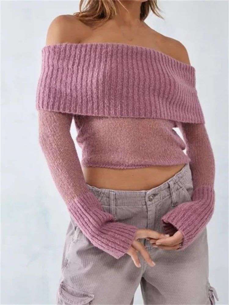 JuliaFashion - Sexy Knitted See Through Off Shoulder Solid Long Sleeve Cropped Pullovers Slash Neck Sweater